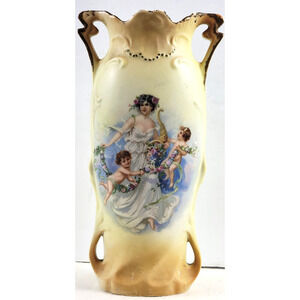 Antique German Porcelain Vase – Woman & Cherubs, Art Nouveau, 10” Vintage Décor